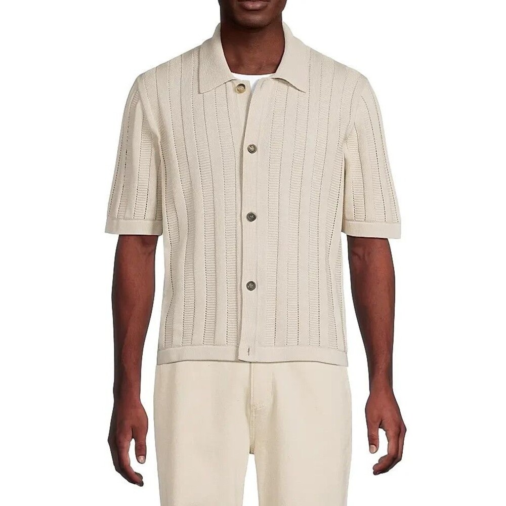 CORRIDOR Button Shirt Mens Large Cream Ladder Knit Organic Cotton $225
